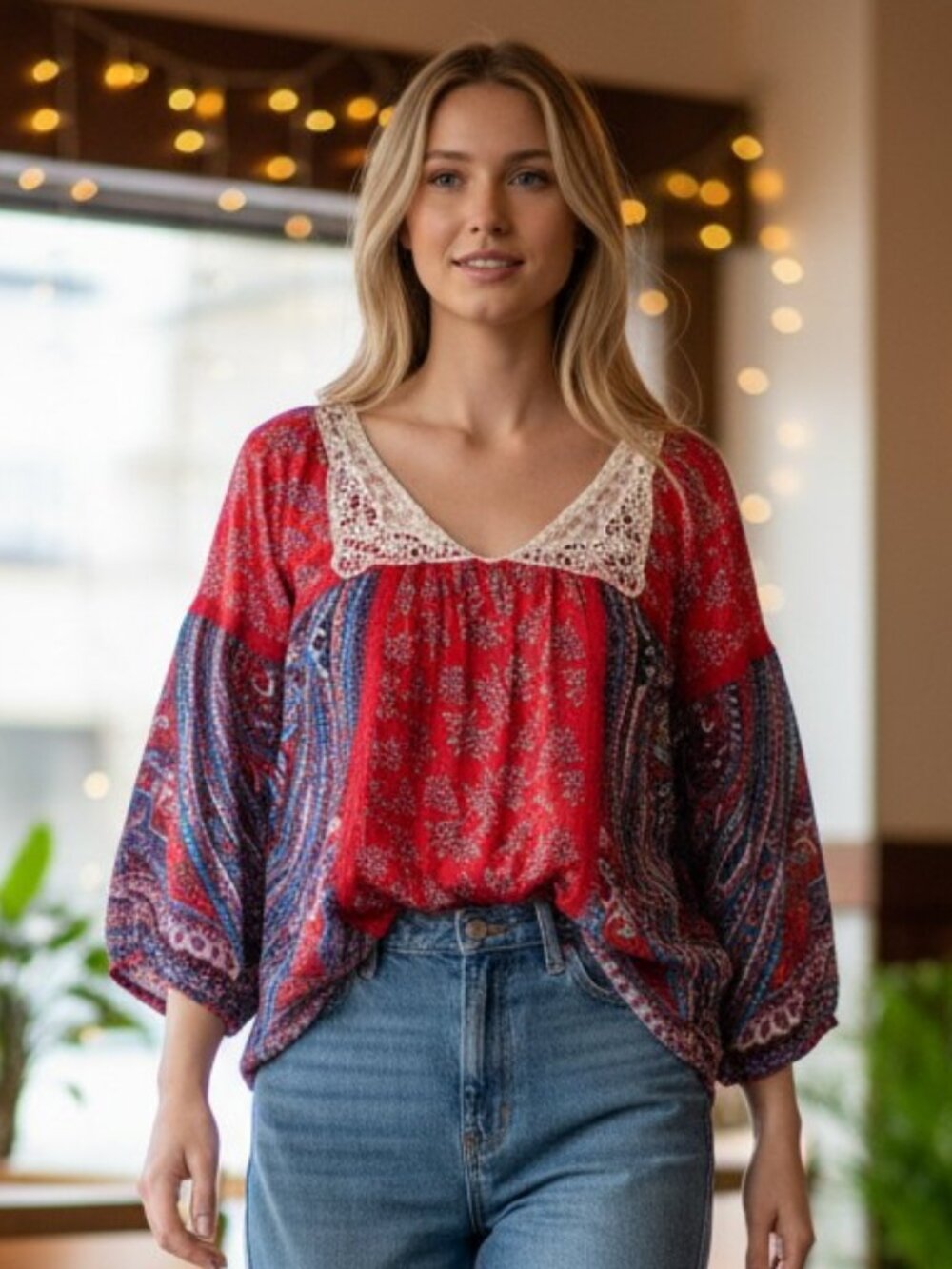 Bila Boho Paisley Crochet Lace Bib Balloon Sleeve Peasant Blouse Red Teal L